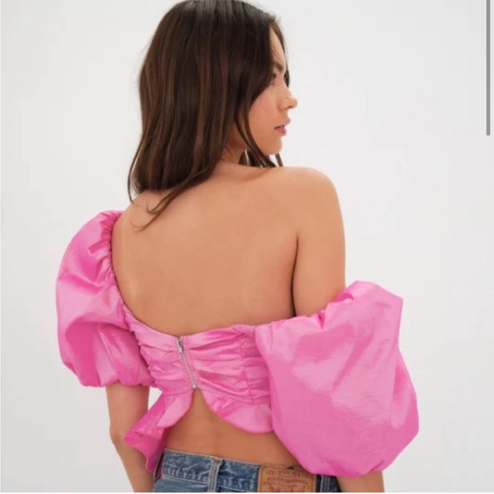 For Love and Lemons Judith Pink Puff Sleeve Crop Top-Size Large - Picture 2 of 11